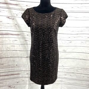 Eliza J Dress Women's 8 Black Gold Sheath Mini Velvet Sequins Cap Sleeves New
